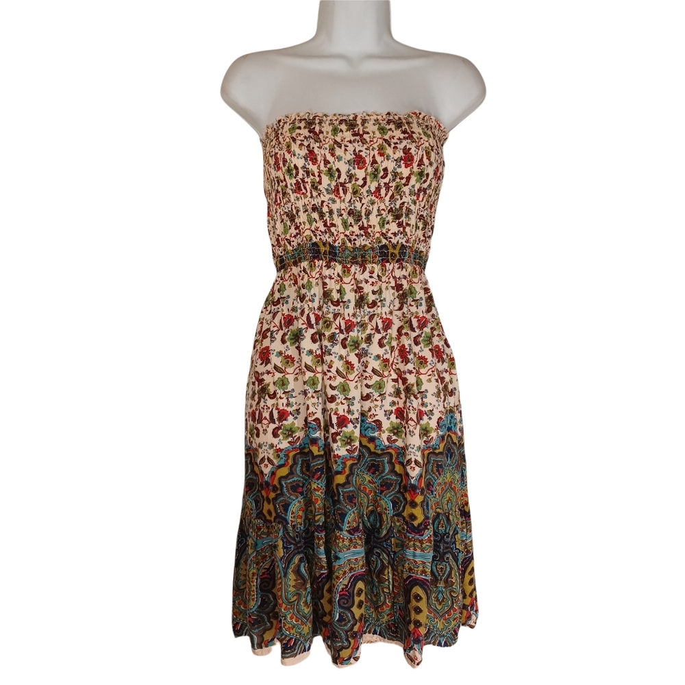 LOLA P. Light Pink Smocked Strapless Floral Paisley Print Dress Medium